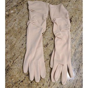 Vintage Size M 6.5 Biege Nylon Stretch Formal 14.5" Long Gloves Tufted Look